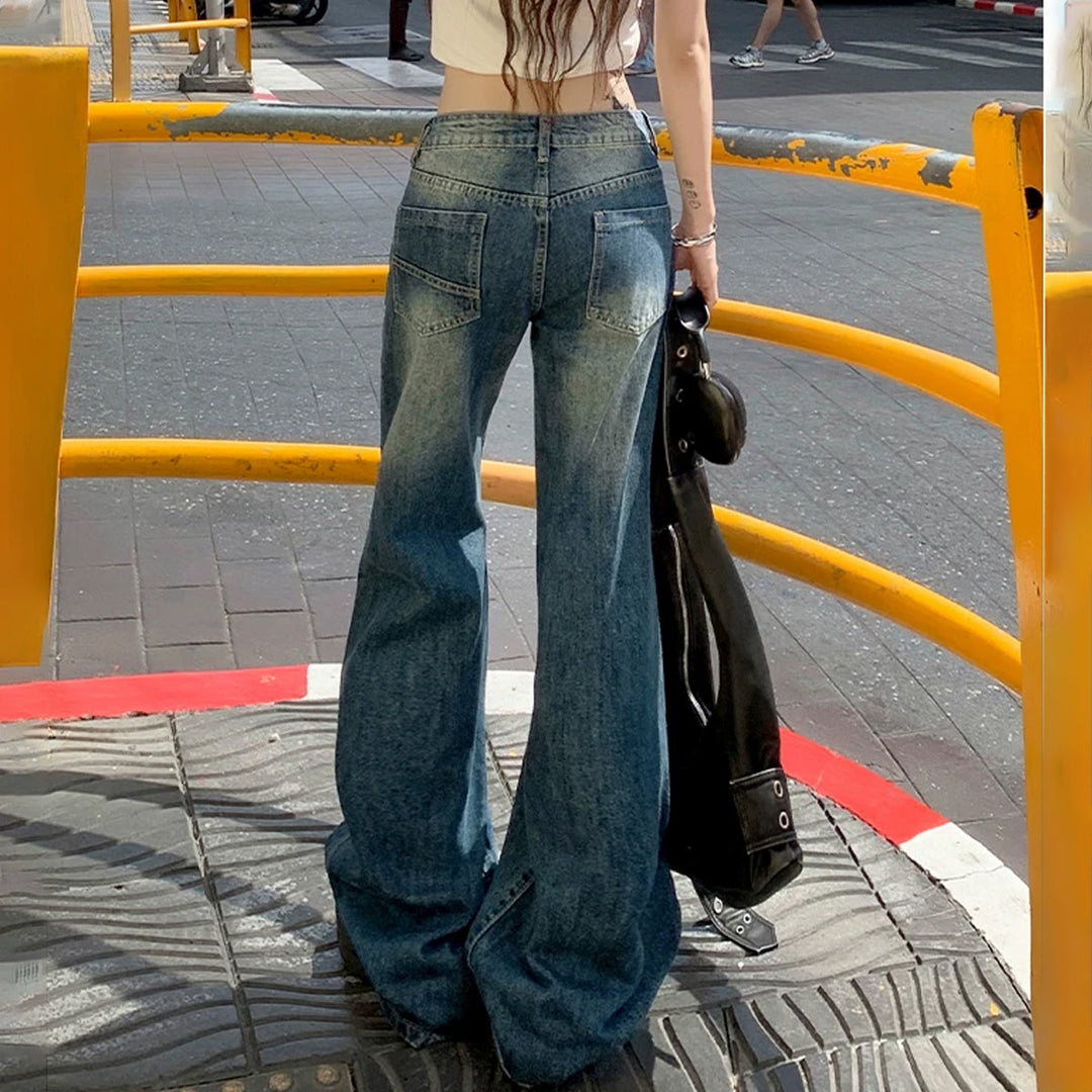 Pocket zip-up button low rise wide leg | Baggy Low Rise Jeans