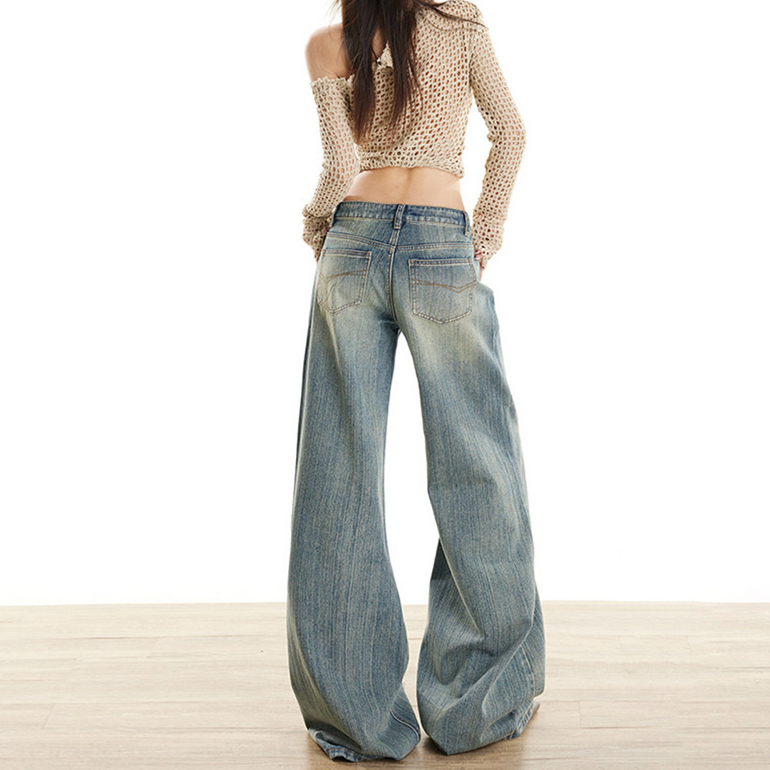 Textured pocket button low rise wide leg | Baggy Low Rise Jeans