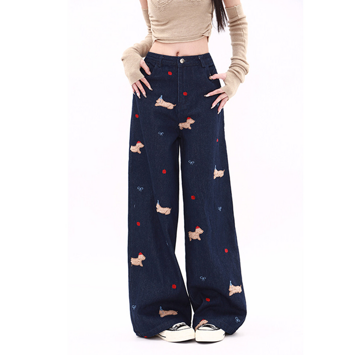 Bowknot embroidery button zip-up wide leg | Baggy Low Rise Jeans