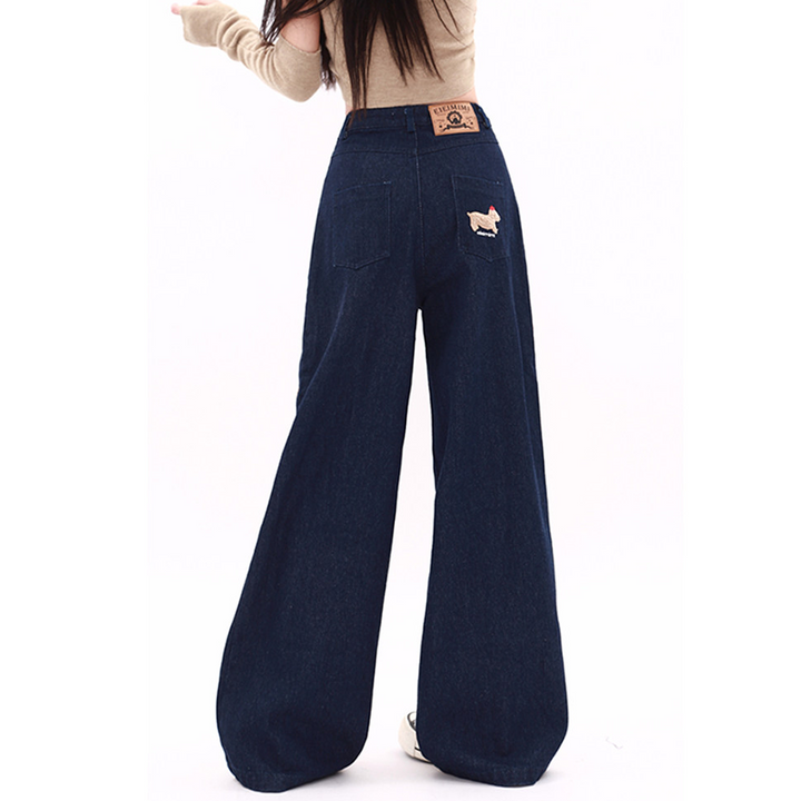 Bowknot embroidery button zip-up wide leg | Baggy Low Rise Jeans