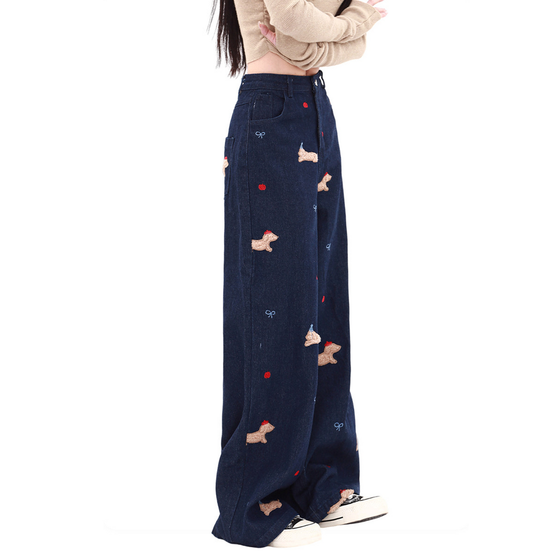 Bowknot embroidery button zip-up wide leg | Baggy Low Rise Jeans