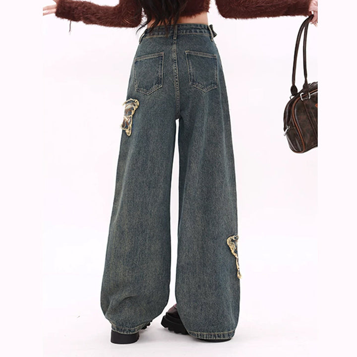 Raw hem butterfly pattern zip-up wide leg | Baggy Low Rise Jeans