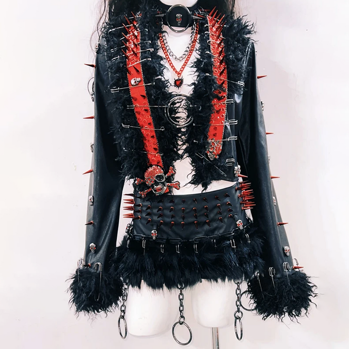 PU leather long sleeve rivet applique fluffy top