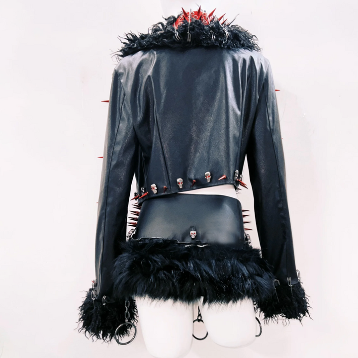 PU leather long sleeve rivet applique fluffy top