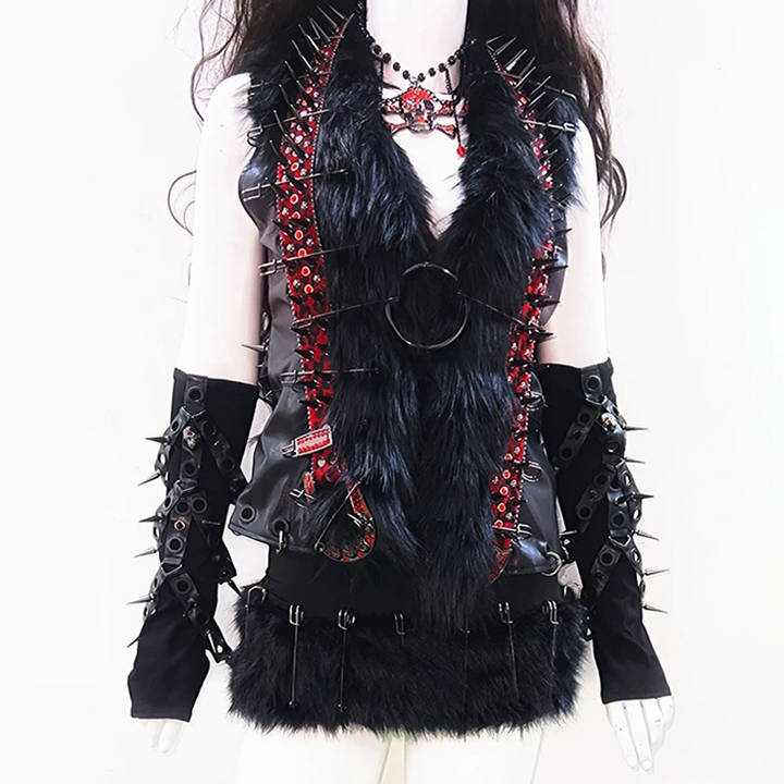 Fluffy rivet applique PU leather v neck o ring top