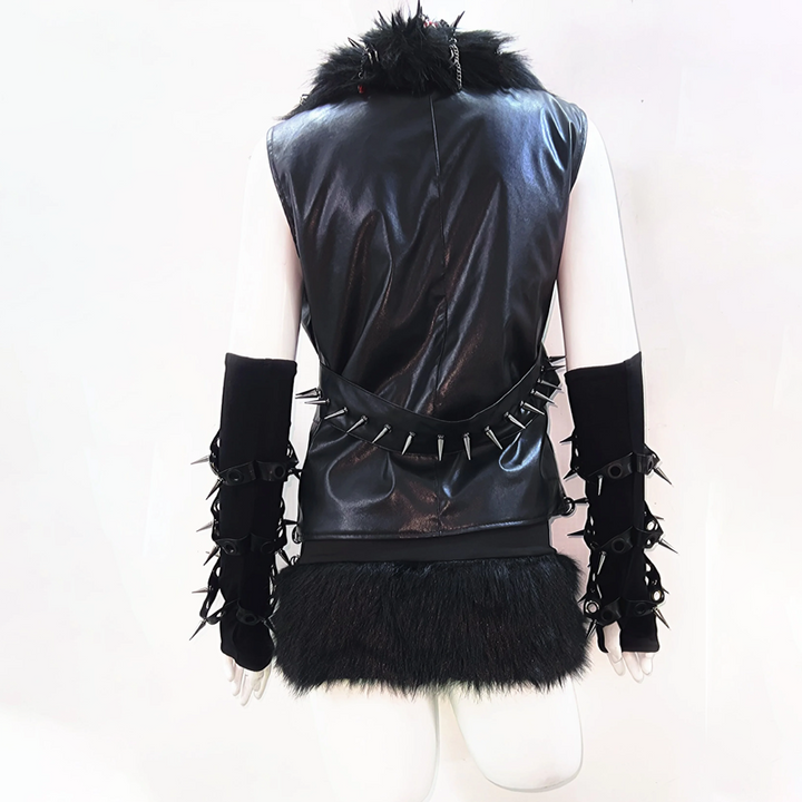 Fluffy rivet applique PU leather v neck o ring top