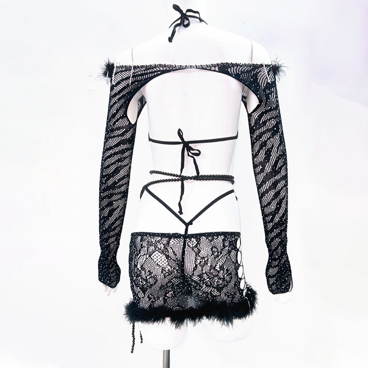 Beaded bowknot long sleeve off shoulder self tie mini skirt set