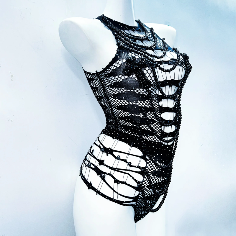 Hollow out beaded sleeveless see through bodysuit