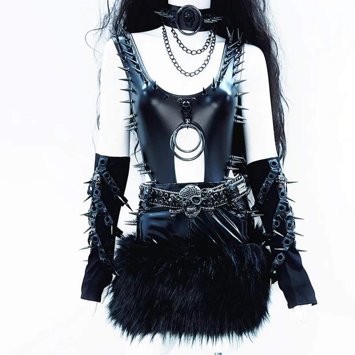 PU leather u neck rivet applique o ring hollow out bodysuit  | Festival Outfits Women