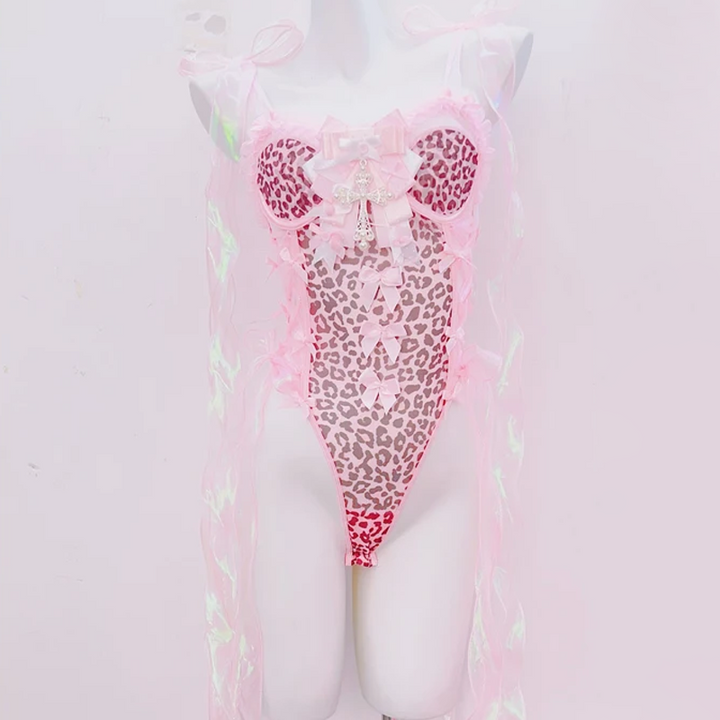Leopard print bowknot cross applique cami bodysuit