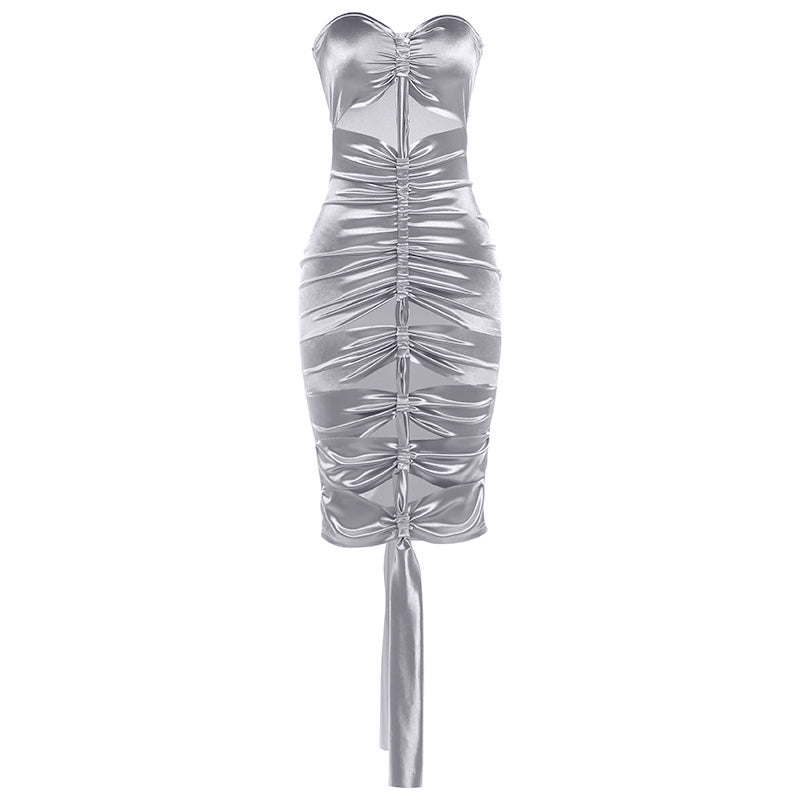 Hollow out ruched metallic tube mini dress  | Festival Outfits Women