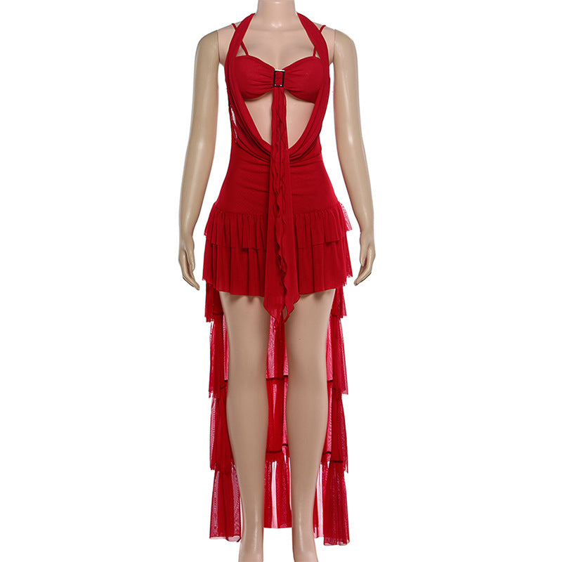 Self tie halter hollow out ruffle mesh mini dress  | Festival Outfits Women