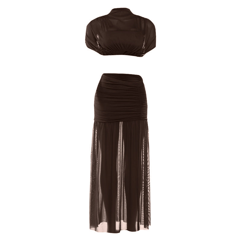 Ruched crewneck mesh crop maxi skirt set  | Festival Outfits Women