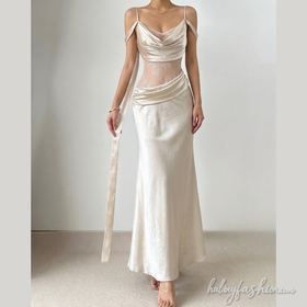 Cowl neck lace patchwork ruched cami maxi dress