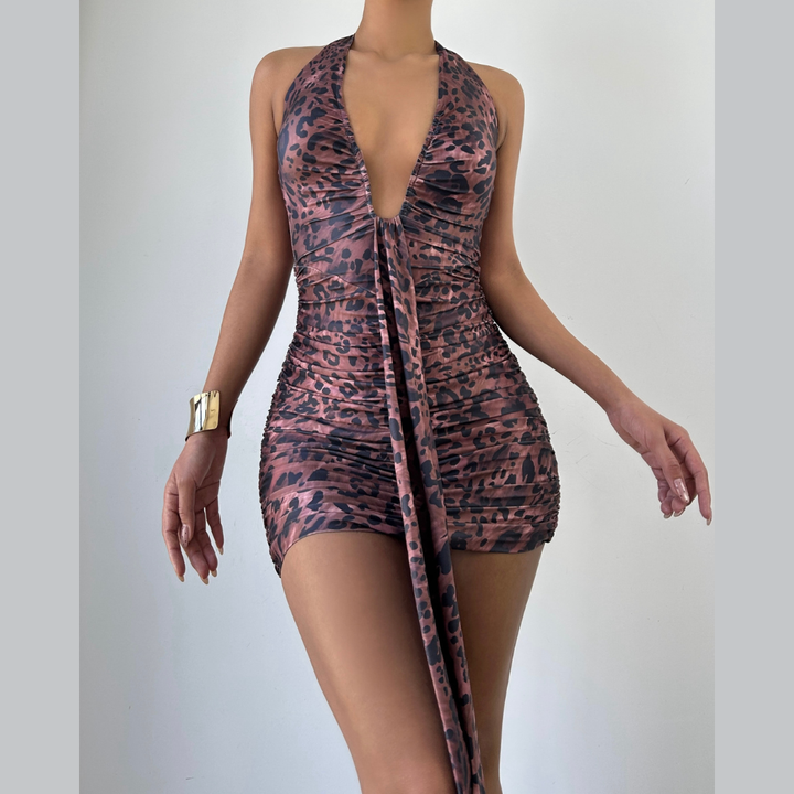 Mini haljina s leopard printom, V izrezom i naborima na vezanje | Ženske svečane odjevne kombinacije | Mini haljina s leopard printom