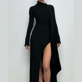 Long sleeve slit high neck solid maxi dress  | Festival Outfits Women