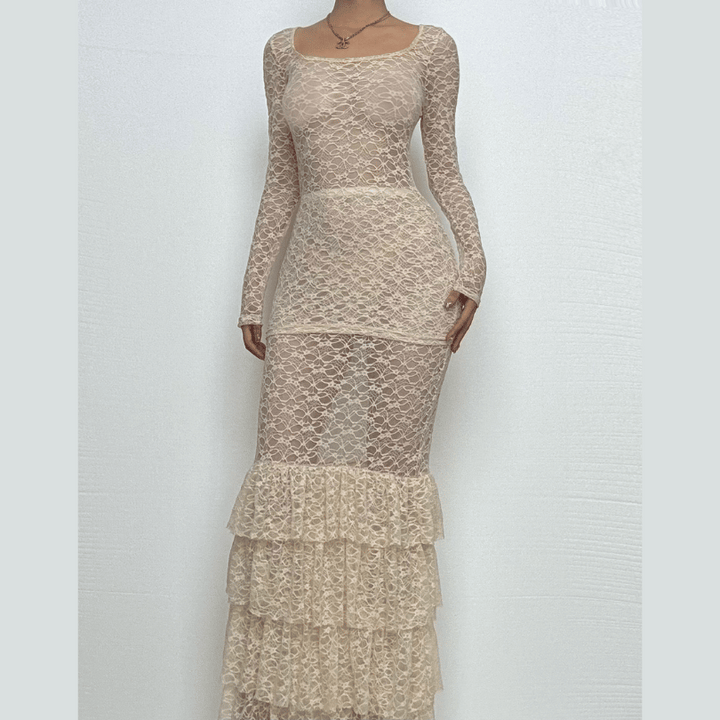 Long sleeve lace see through ruffle maxi skirt set  | Festival Outfits Women