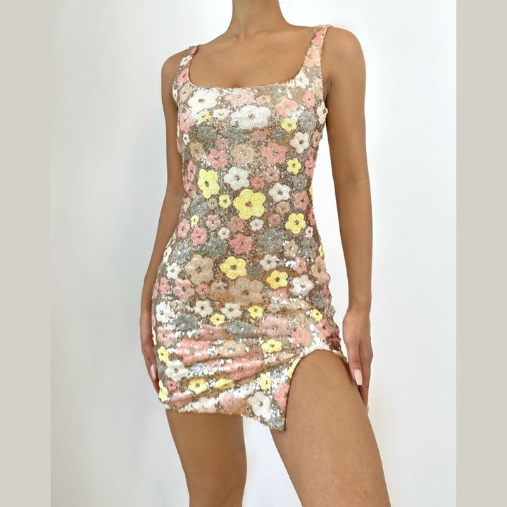 Glitter square neck zip-up slit mini dress  | Festival Outfits Women-final-sale