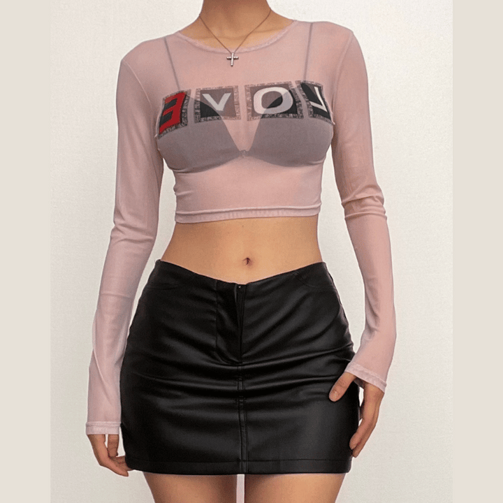 Long sleeve "LOVE" pattern crewneck sheer mesh crop top | Mesh Long Sleeve Crop Top  | Festival Outfits Women