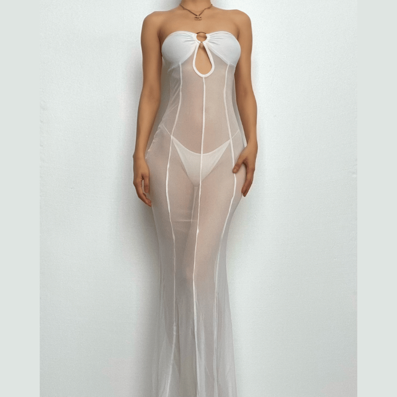 Mesh see through o ring hollow out backless tube cut out maxi dress