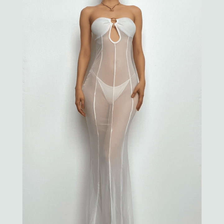 Mesh see through o ring hollow out backless tube cut out maxi dress