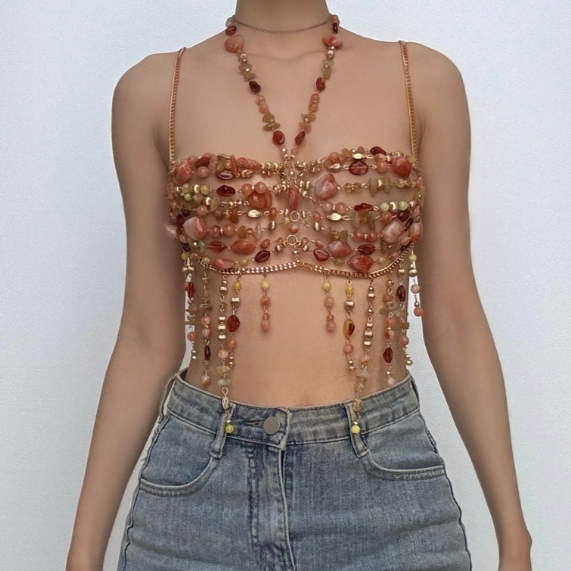 Metal chain hollow out halter beaded cami cut out top  | Festival Outfits Women