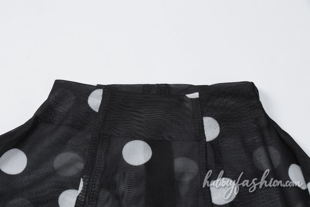 Polka dot slit sheer mesh crewneck mini dress - Halibuy - 5