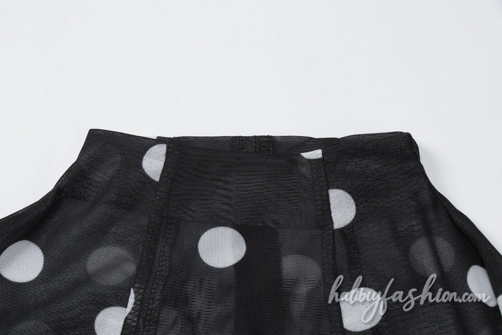Polka dot slit sheer mesh crewneck mini dress - Halibuy - 5