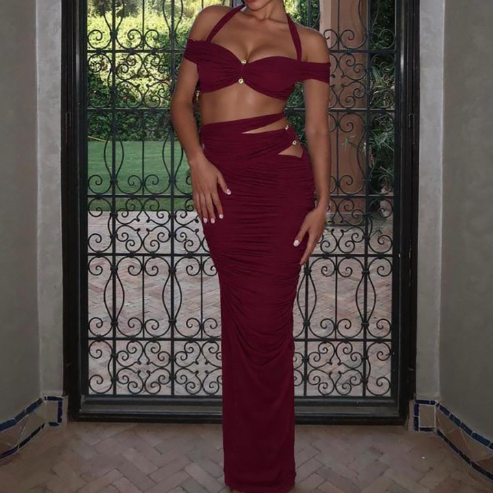 Halter ruched hollow out print v neck maxi skirt set  | Festival Outfits Women