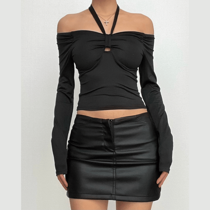 Long sleeve off shoulder halter ruched backless solid hollow out cut out top  | Festival Outfits Women