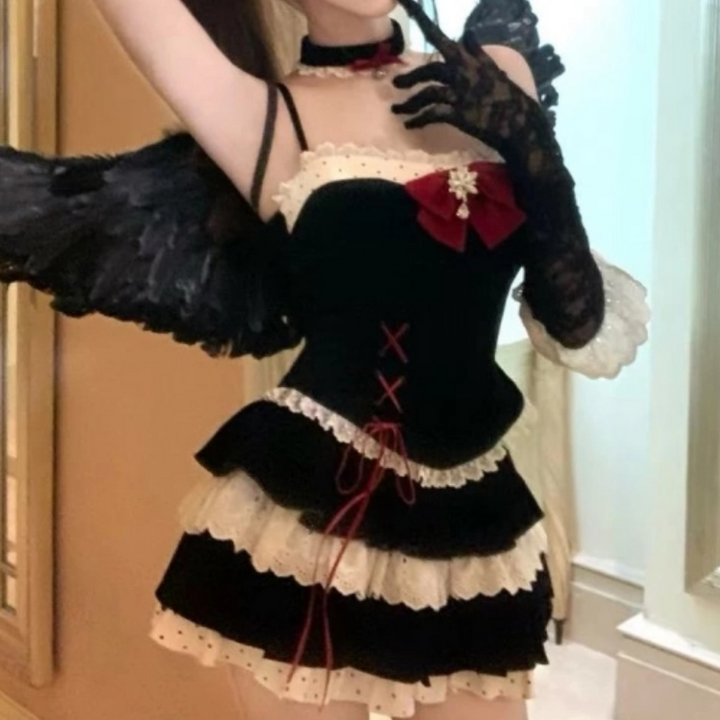 Bowknot lace hem lace up cami mini skirt set  | Festival Outfits Women