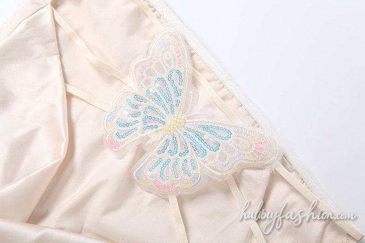 Satin glitter butterfly embroidery tube mini dress