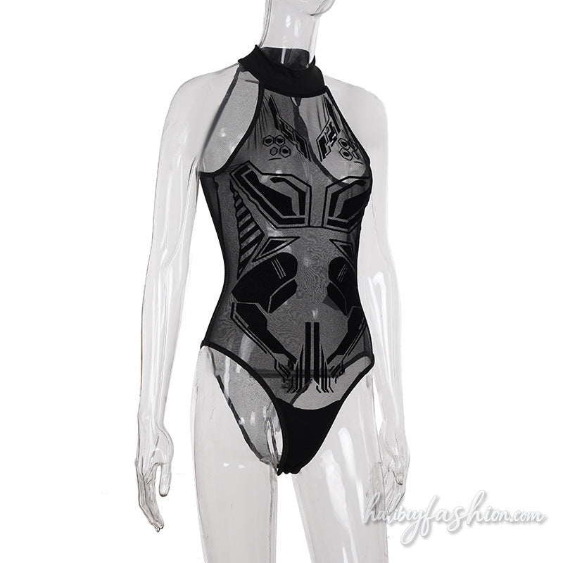 Crewneck mesh button print solid bodysuit