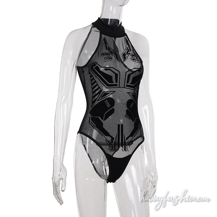 Crewneck mesh button print solid bodysuit