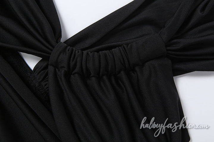 Hollow out one shoulder ruched slit maxi skirt set