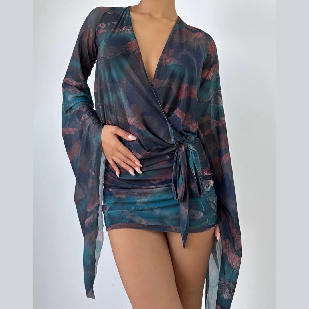 Long sleeve deep v neck mesh print mini dress  | Festival Outfits Women-final-sale