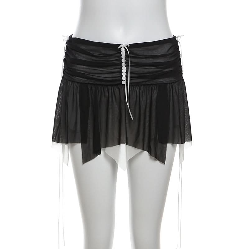 Mesh patchwork ruffle button contrast backless cami ruched skirt set-final-sale