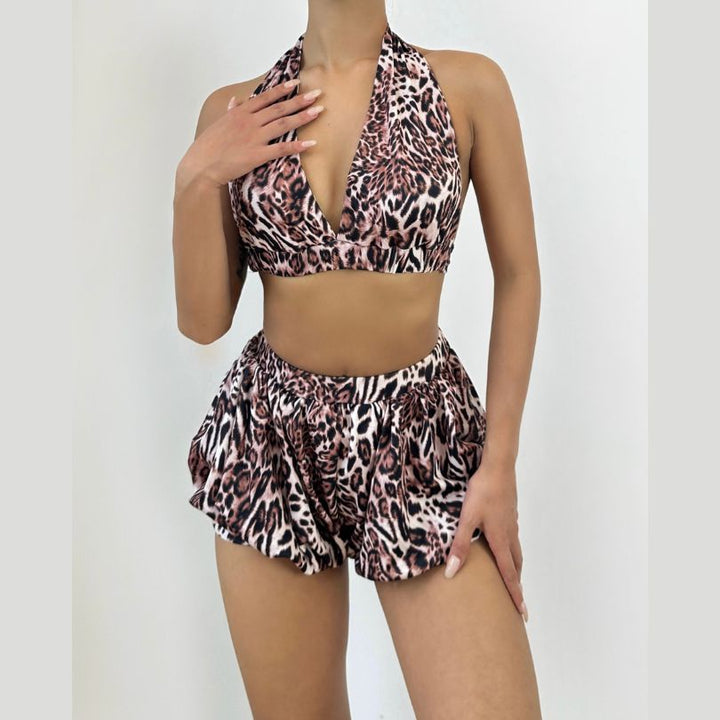 Leopard print deep V neck halter hollow out mini skirt set  | Festival Outfits Women  | Leopard Print Mini Dress