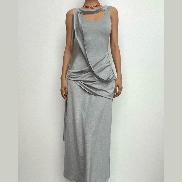 Ruched solid sleeveless u neck irregular midi dress-final-sale  | Festival Outfits Women