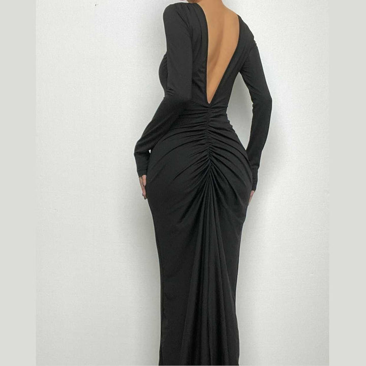 Ruched long sleeve v neck solid 2-way maxi dress-final-sale  | Festival Outfits Women
