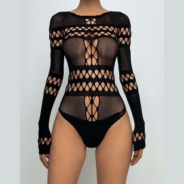 Long sleeve hollow out fishnet bodysuit  | Festival Outfits Women