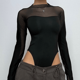 Long sleeve high neck mesh patchwork bodysuit  | Festival Outfits Women