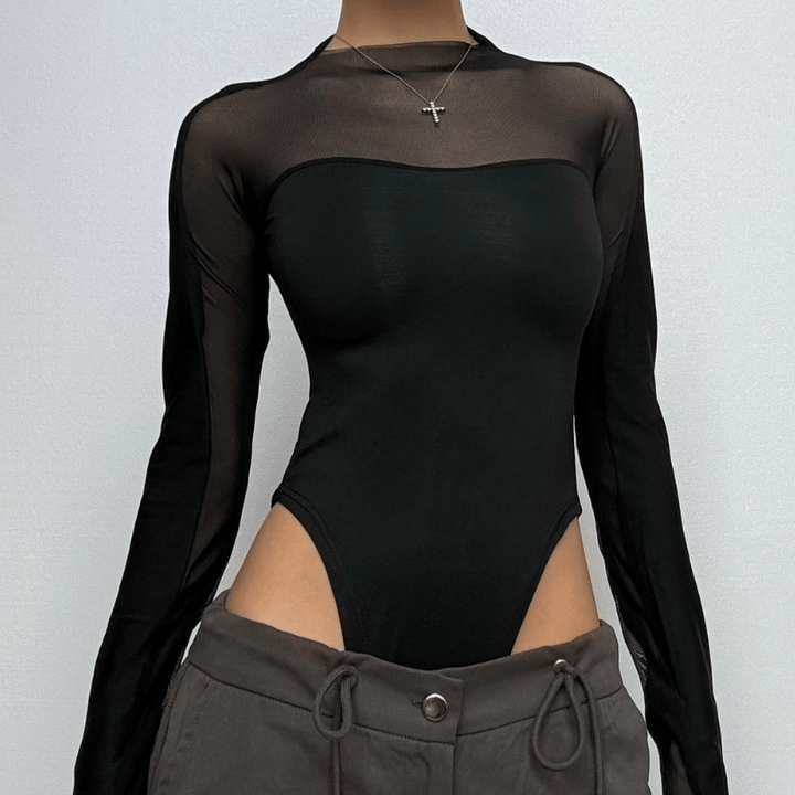 Long sleeve high neck mesh patchwork bodysuit  | Festival Outfits Women