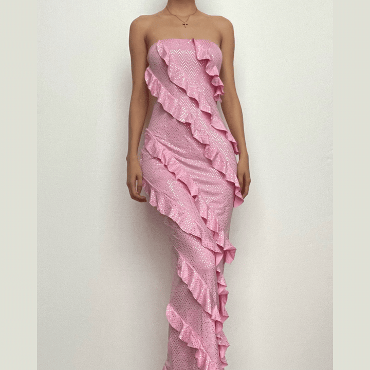 Ruffle textured ruched backless tube midi dress  | Festival Outfits Women