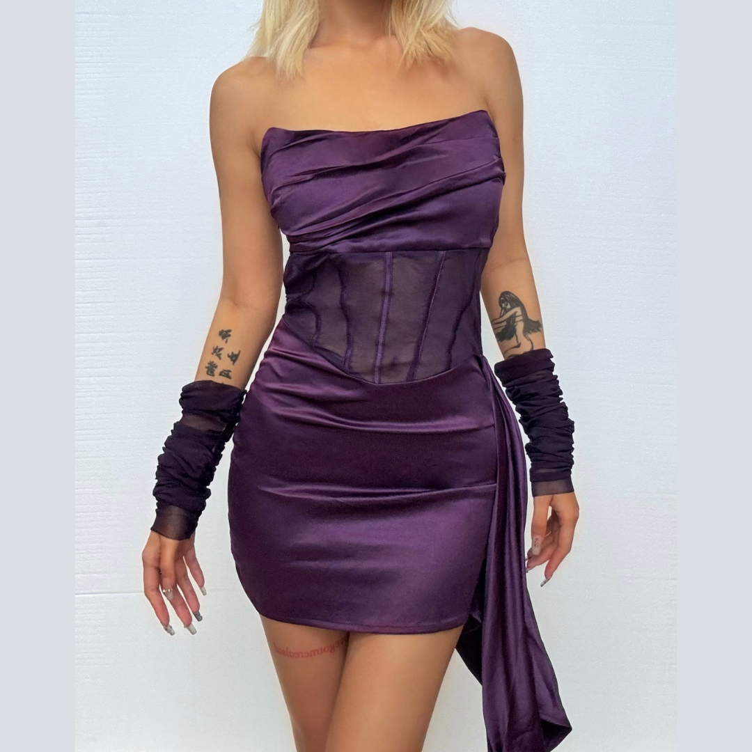 Ruched zip-up mesh corset irregular tube mini dress  | Festival Outfits Women