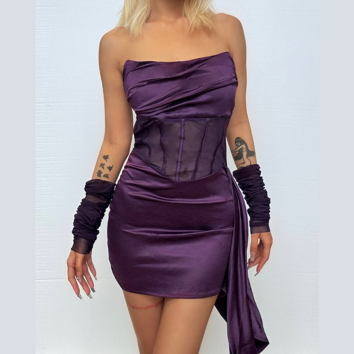 Ruched zip-up mesh corset irregular tube mini dress  | Festival Outfits Women