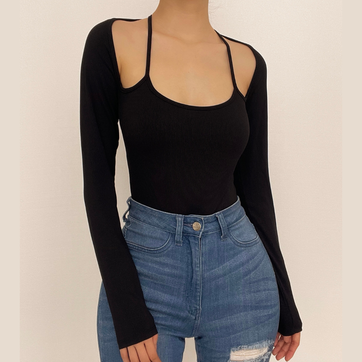 Halter solid ribbed long sleeve low cut bodysuit-final-sale  | Festival Outfits Women