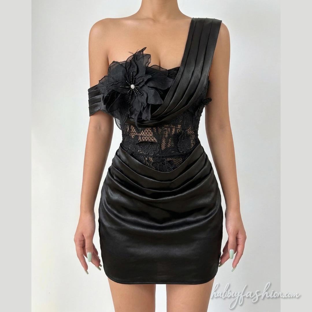 Irregular one shoulder flower applique ruched mini dress
