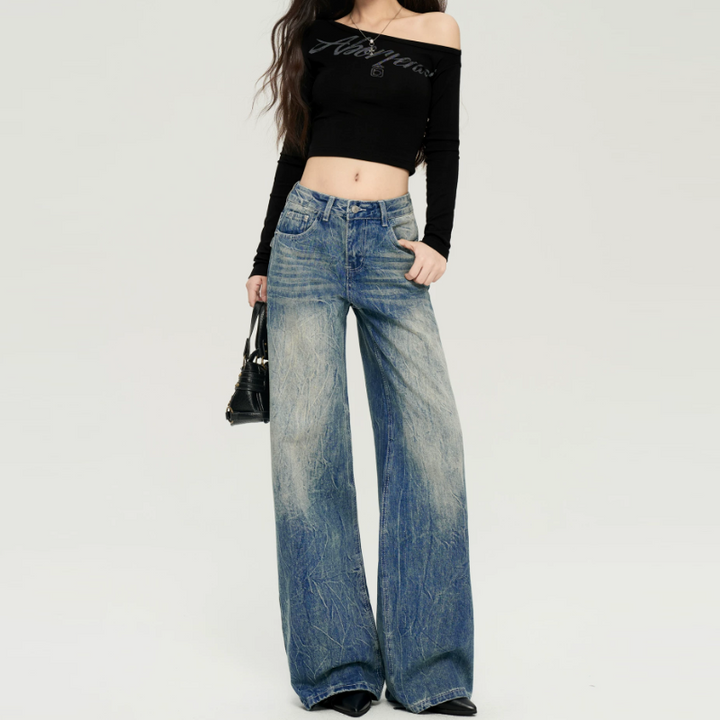 Embroidery button pocket zip-up straight leg | Baggy Low Rise Jeans