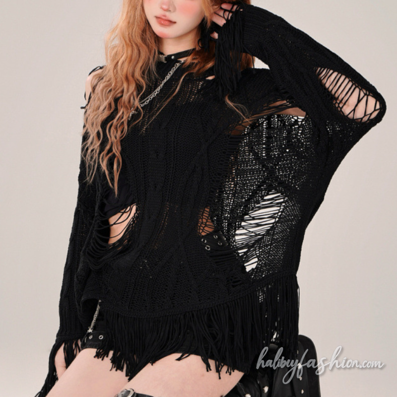 Hollow out long sleeve crewneck irregular top - Halibuy - 3